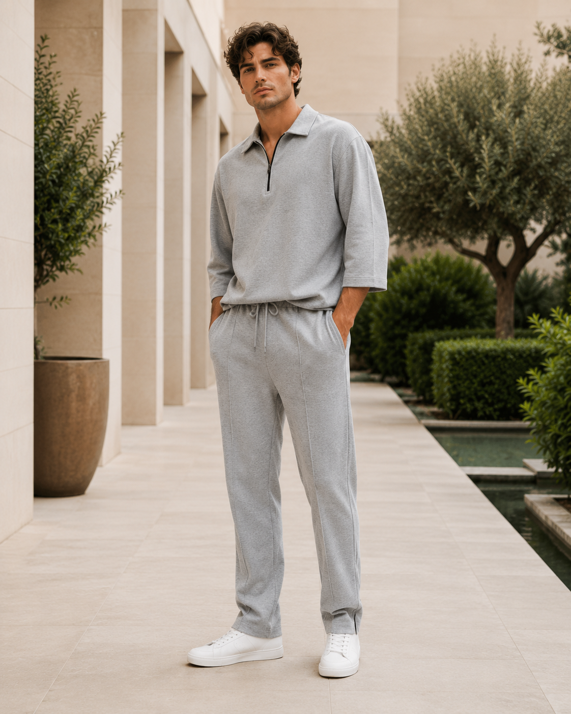Premium Cotton Blend Co-Ord Set – Relaxed Fit Zip Polo Grey