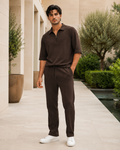 Premium Cotton Blend Co-Ord Set – Relaxed Fit Zip Polo Chocolate Brown