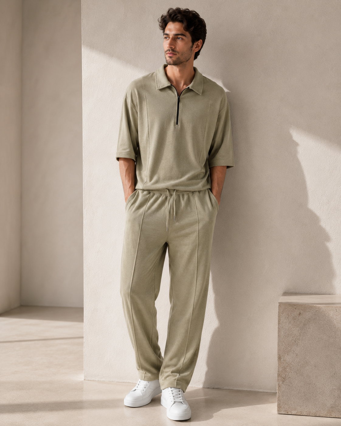 Premium Cotton Blend Co-Ord Set – Relaxed Fit Zip Polo Olive Green