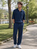 Premium Cotton Blend Co-Ord Set – Relaxed Fit Zip Polo Blue